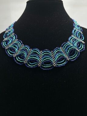 Blue And Silver Scalloped Seed Beaded Collar Necklace